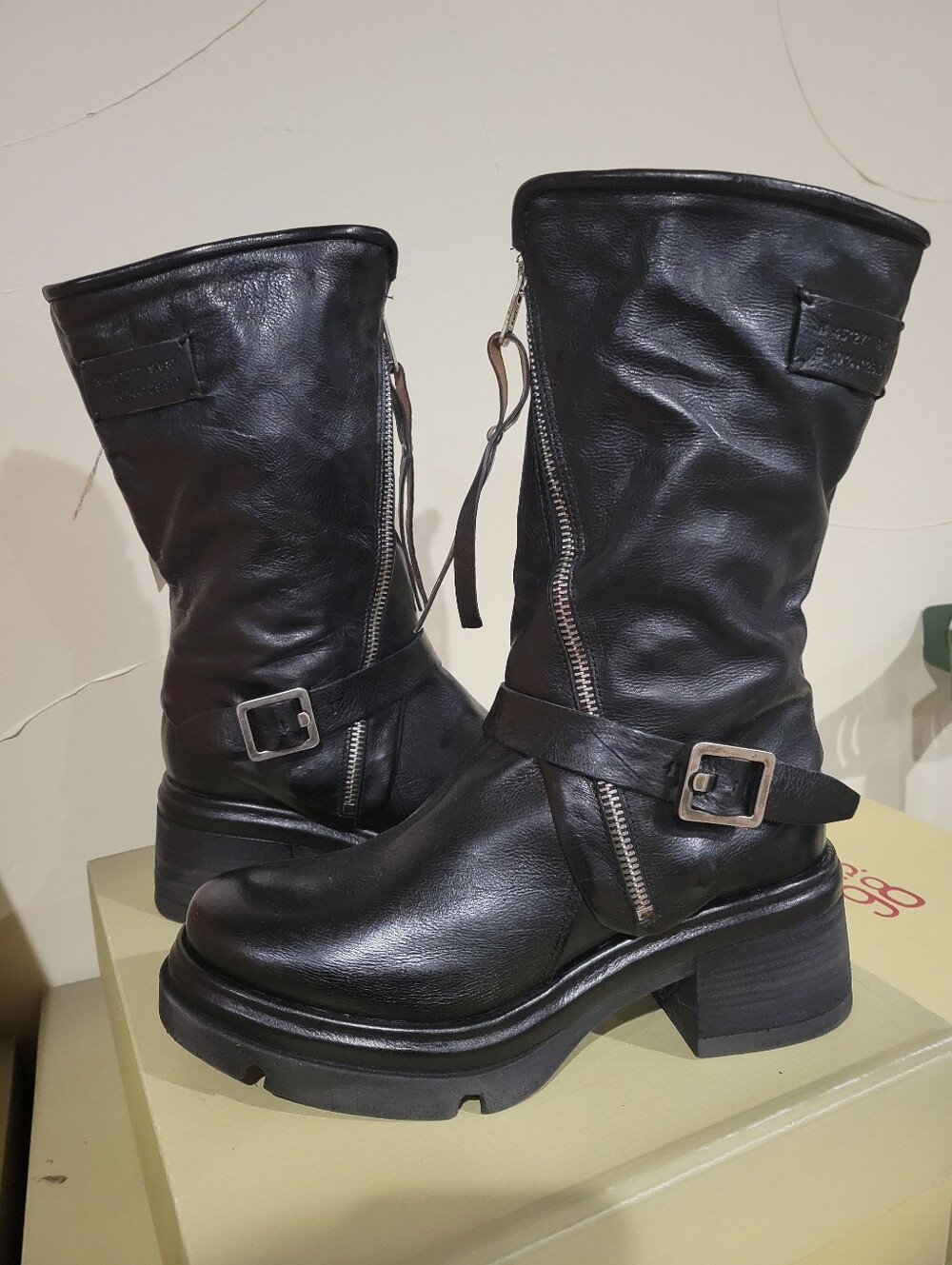 NWT A.S.98 EMORY Black Leather Mid-Calf Buckle Boots - Women 8.5 9